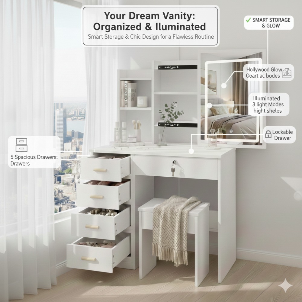 Beauty Makeup Vanity Set - 2-in-1 Vanity Desk & Stool Set