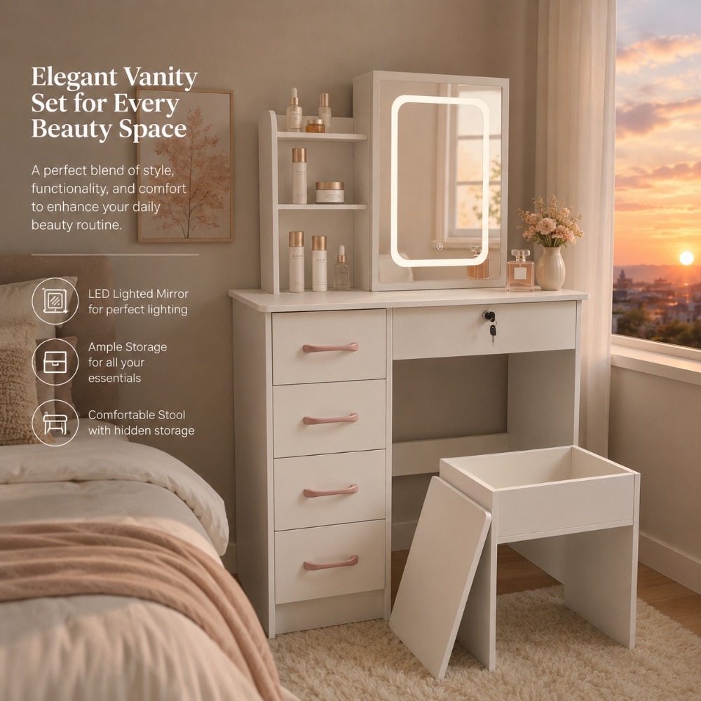 White Vanity Desk Set with LED – Beauty Makeup Vanity Set recenzja i cena